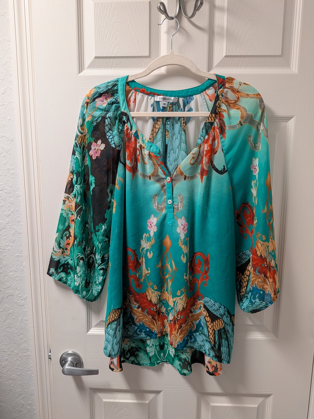 Bright Teal Floral-Print Peasant Tunic Top